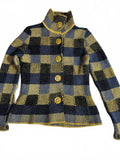 Hand Knit Plaid Wool Jacket Yellow Black Women Small