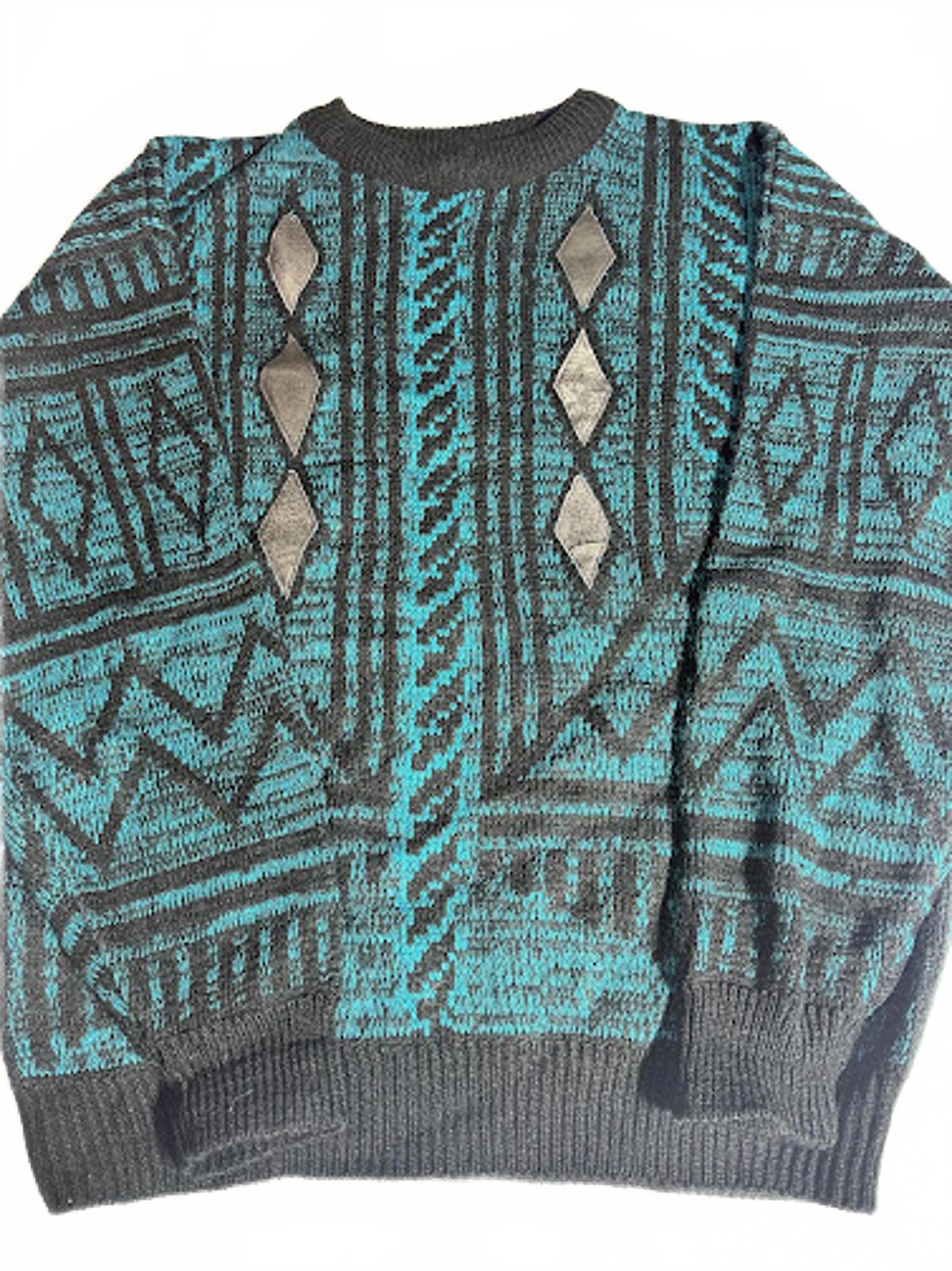 Vintage Atlantic Traders Geometric Knit Sweater Teal Black