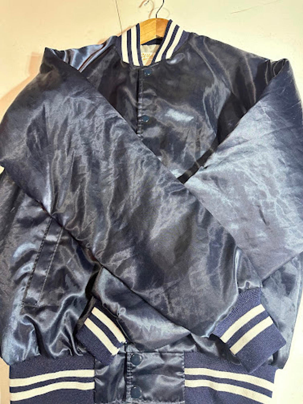 Vintage Whang Satin Varsity Bomber Jacket Navy Blue