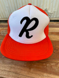 Vintage Red White Trucker Hat Script R Made in Taiwan