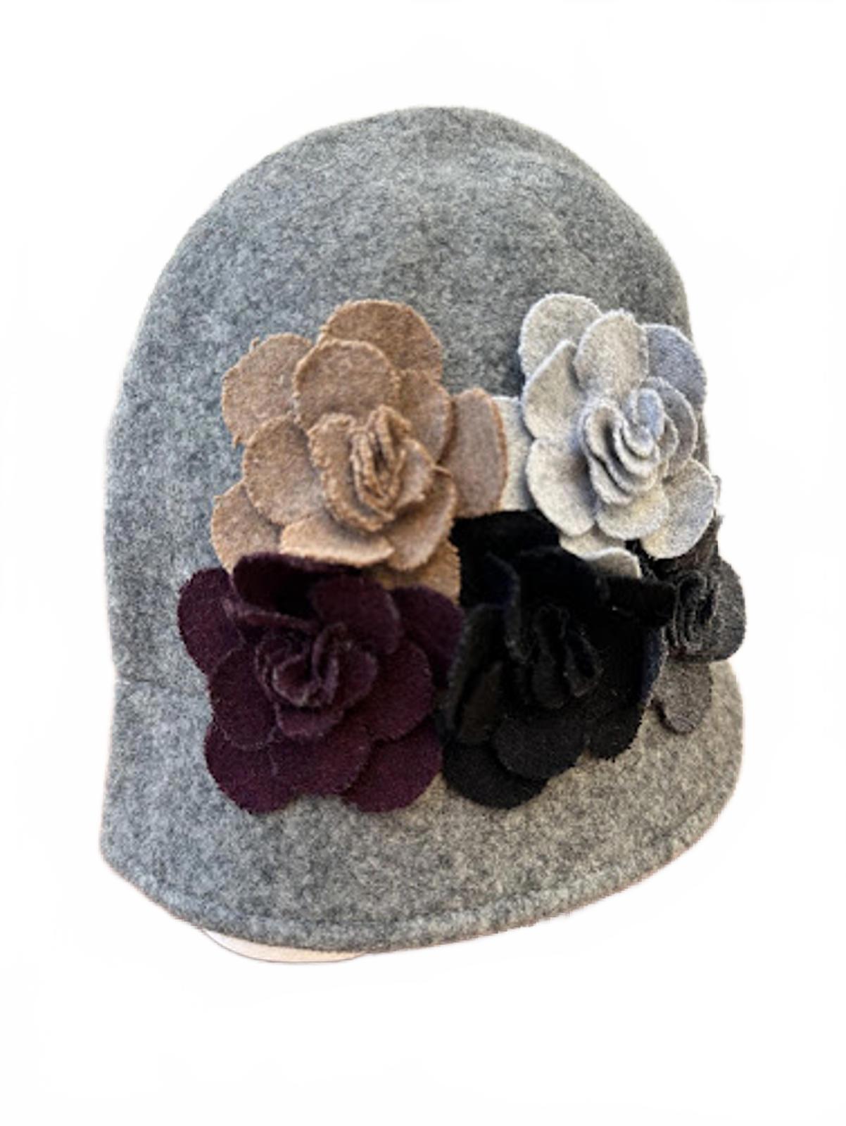 Gray Wool Cloche Hat with Floral Appliqué