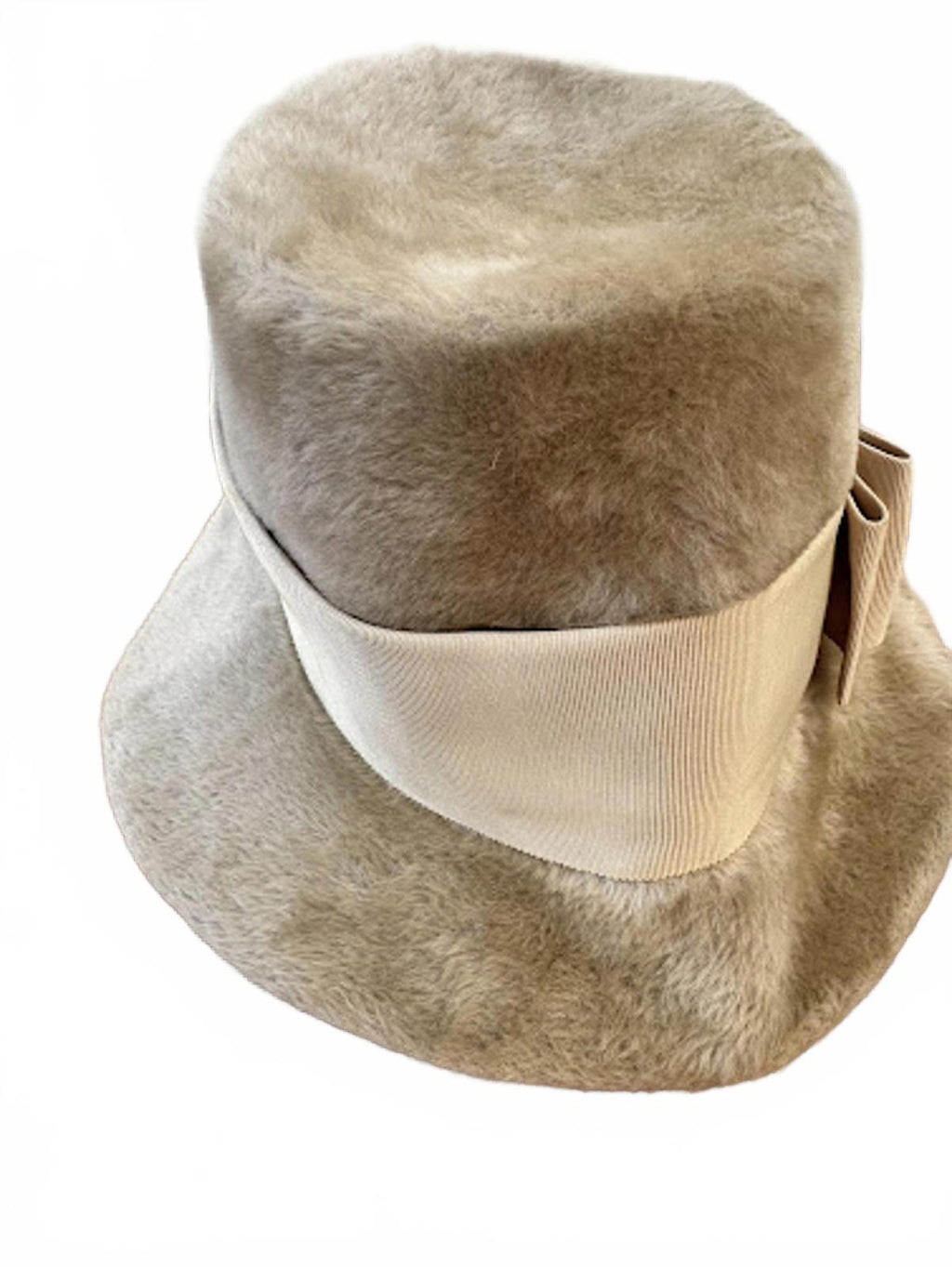 Vintage Fur Felt Cloche Hat Beige Bow 1960s