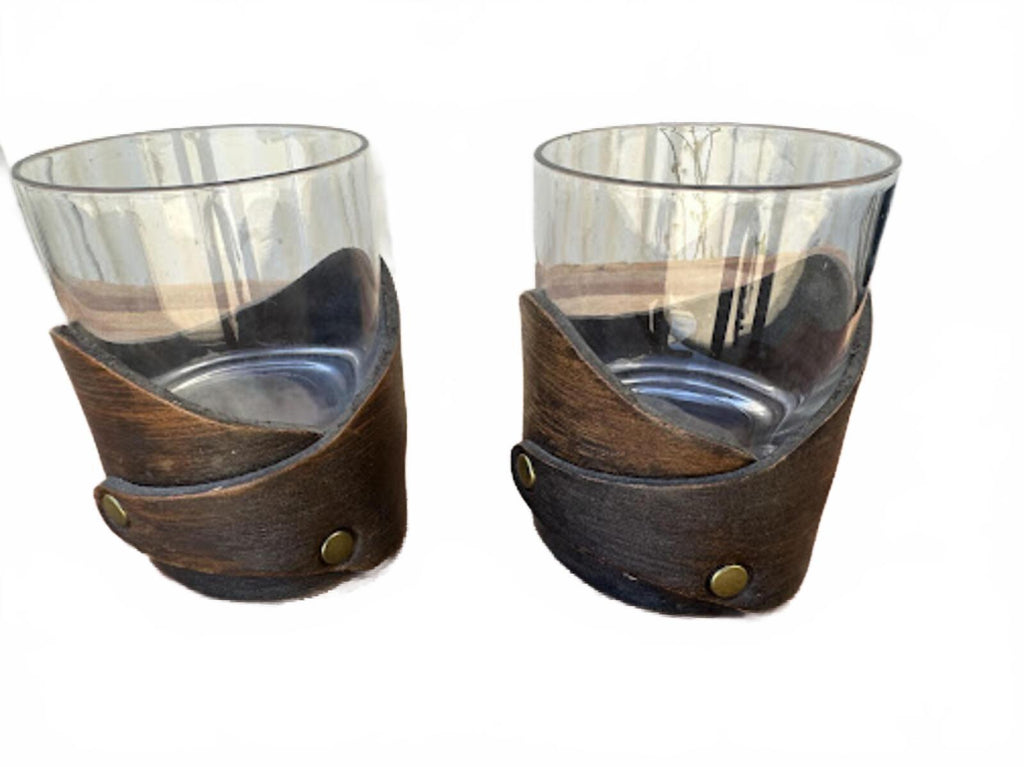 Set of 2 Smoked Glass Tumblers w Leather Holders
