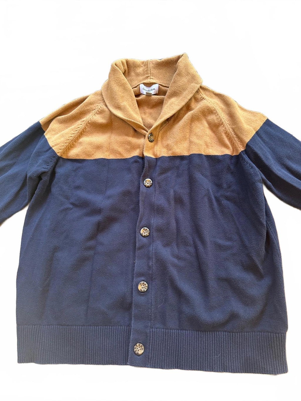 Goodfellow & Co Men’s Cardigan Sweater Shawl Collar Colorblock Brown Navy Medium