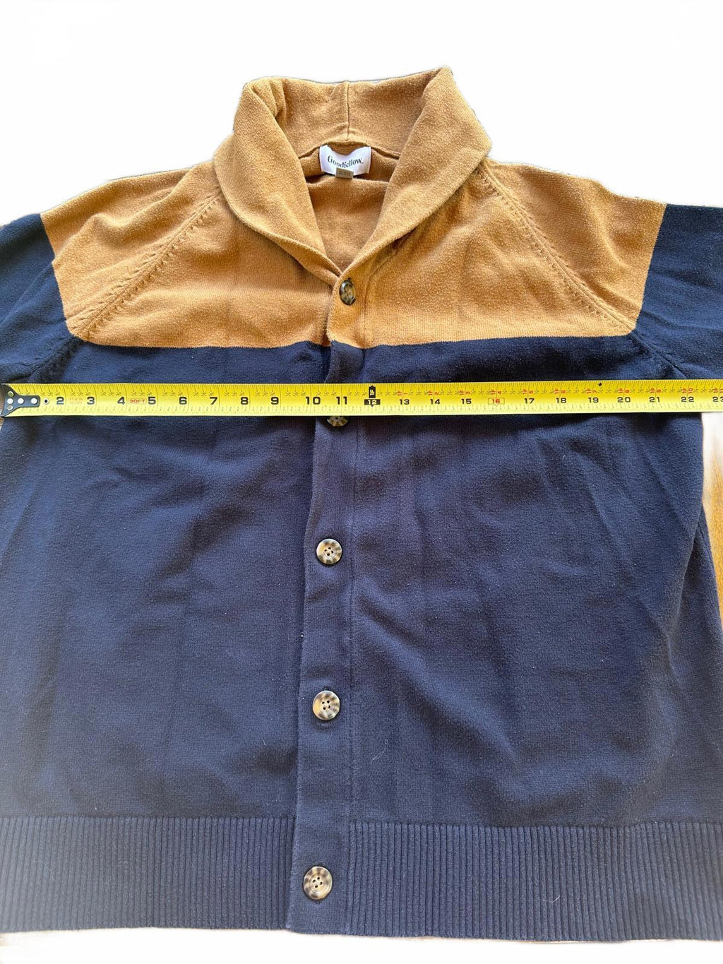 Goodfellow & Co Men’s Cardigan Sweater Shawl Collar Colorblock Brown Navy Medium