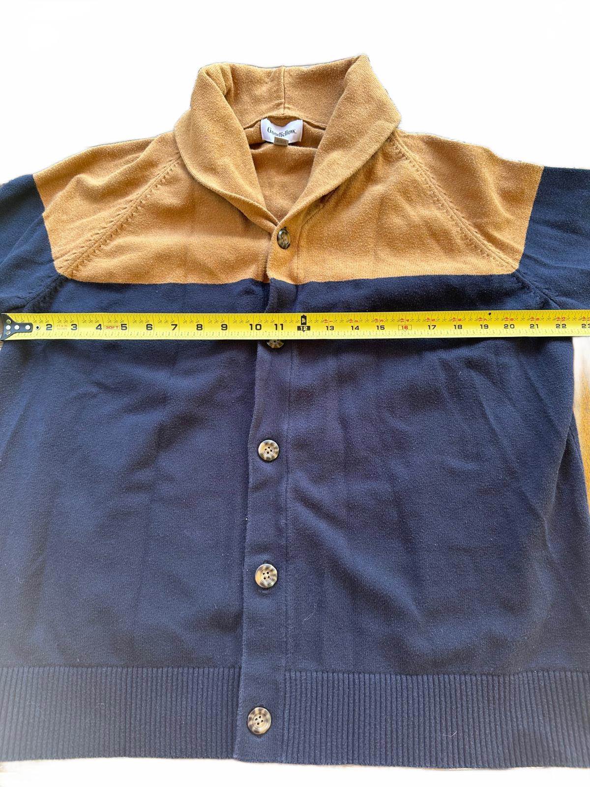 Goodfellow & Co Men’s Cardigan Sweater Shawl Collar Colorblock Brown Navy Medium