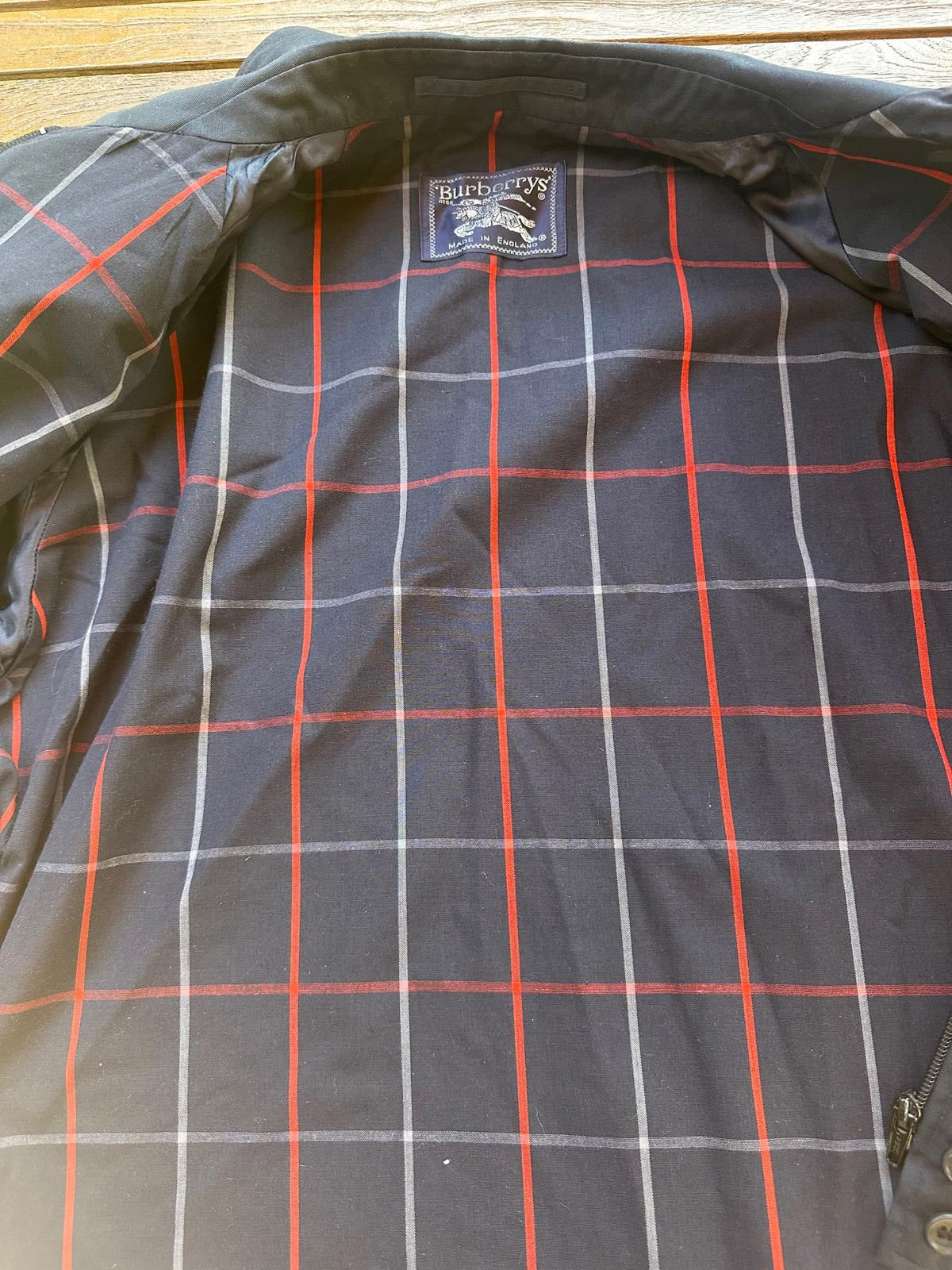 Vintage Burberrys Made in England Navy Car Coat Plaid Lining