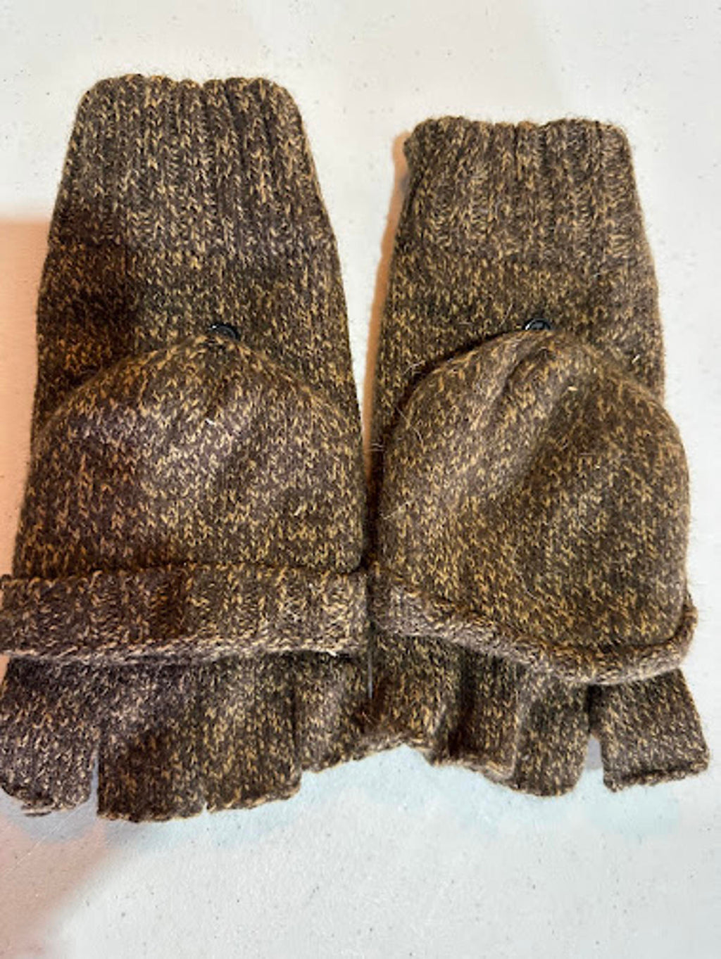 Vintage Knit Fingerless Mitten Gloves Brown Convertible
