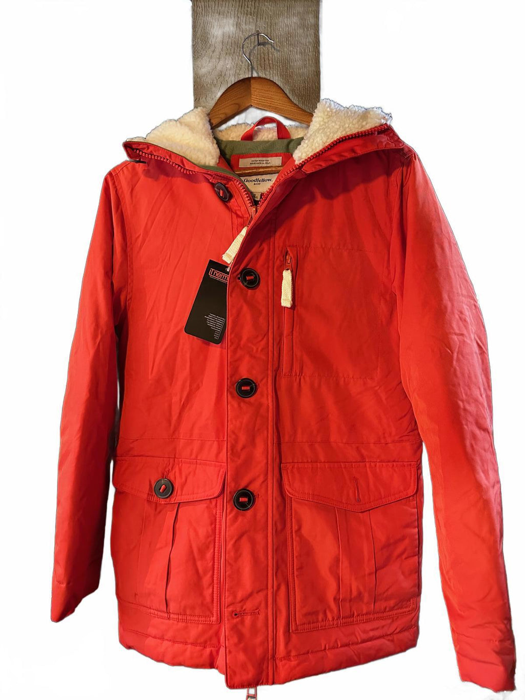 Goodfellow &Co Thermore Insulated Parka Jacket Men’s Small Red Orange Hooded NWT