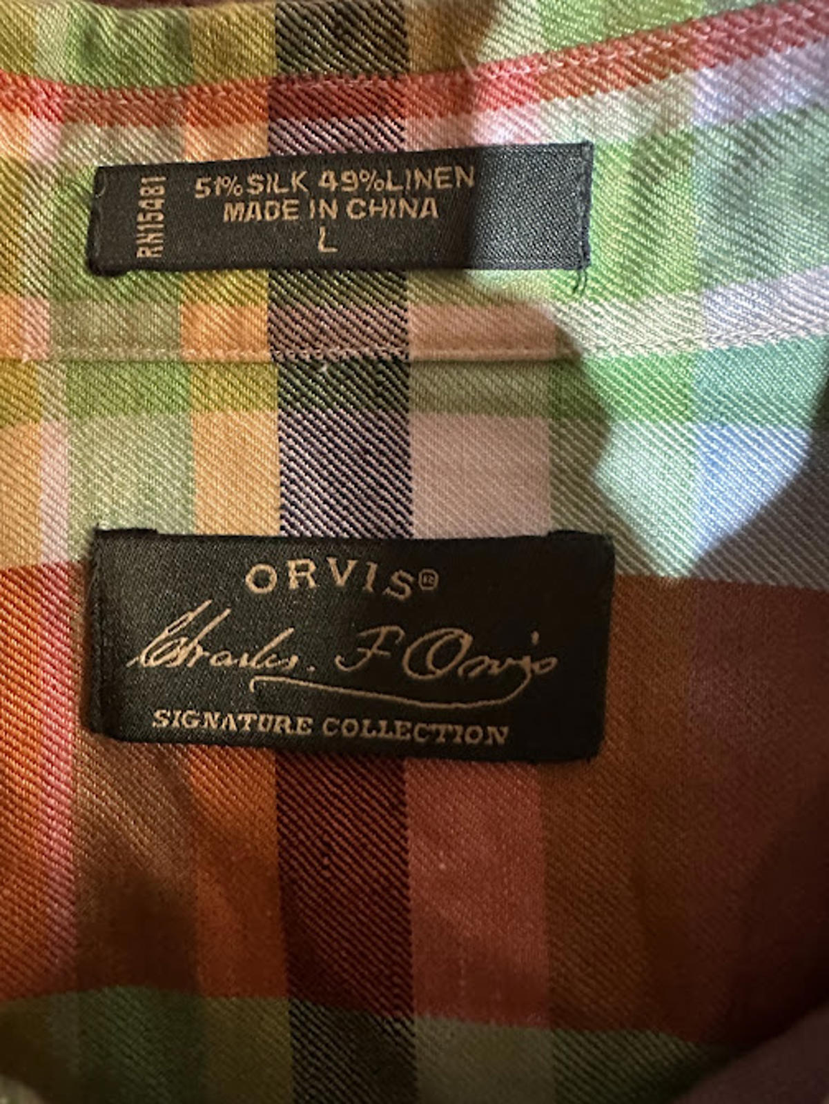 Orvis Signature Silk Linen Plaid Shirt L