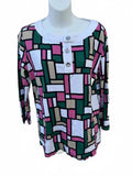 Evan-Picone Geometric Cotton Top L Pink Green