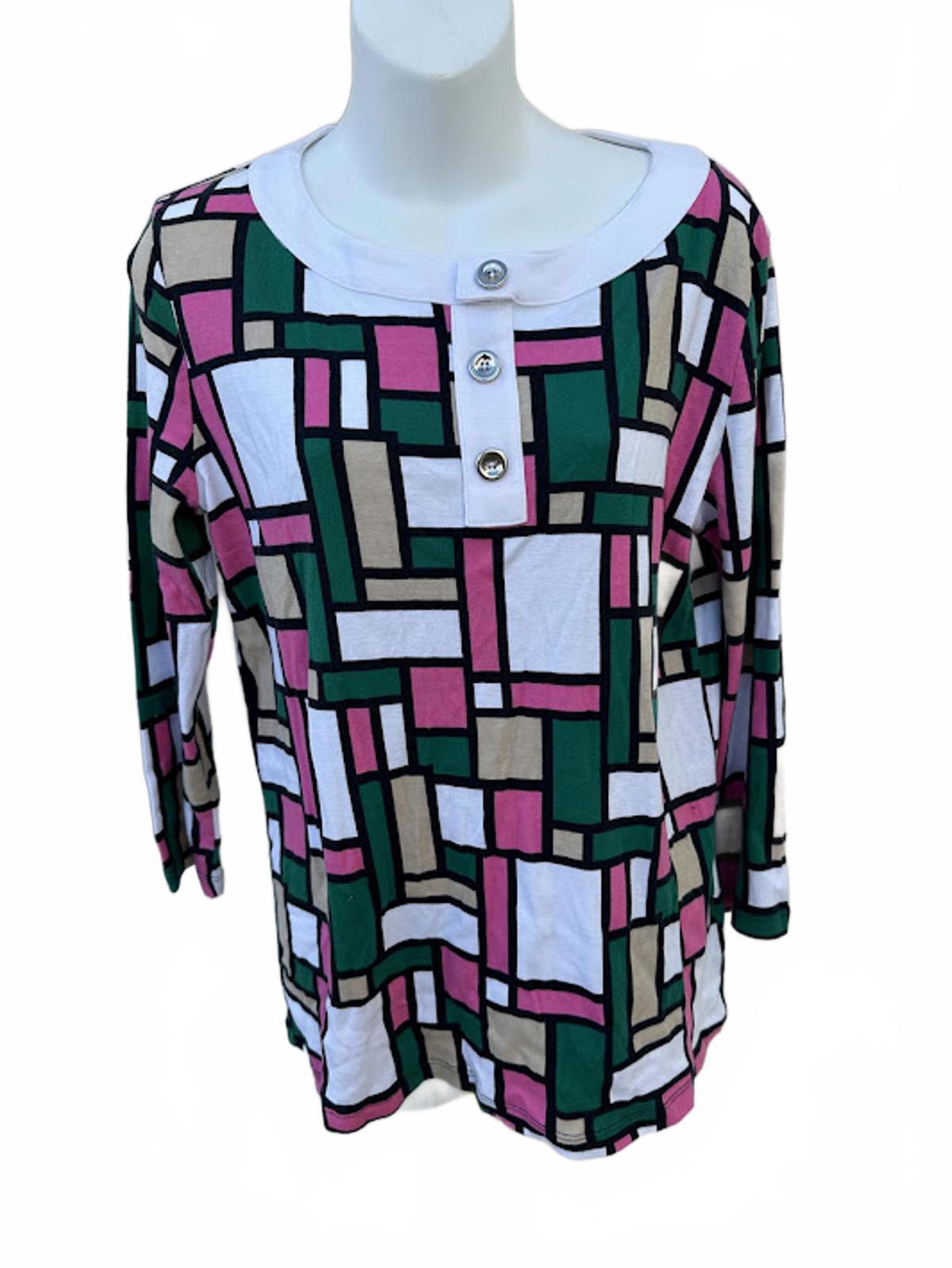 Evan-Picone Geometric Cotton Top L Pink Green
