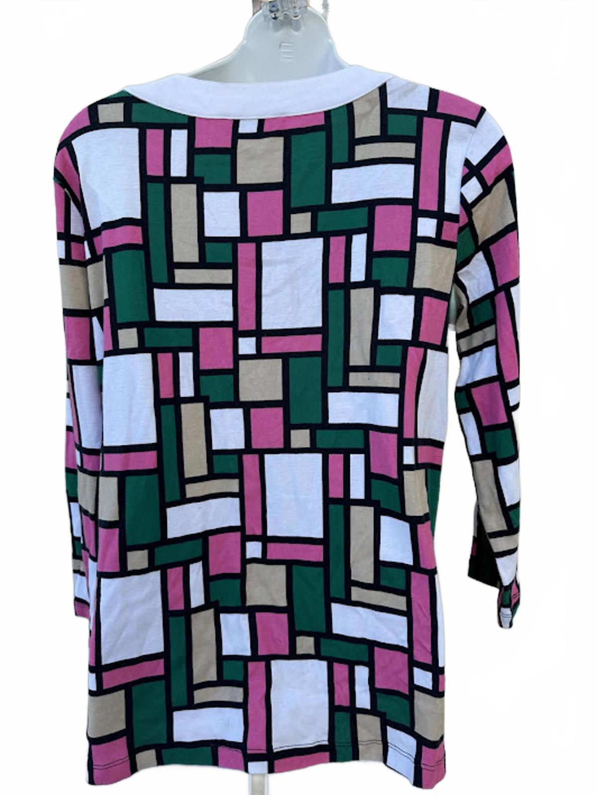 Evan-Picone Geometric Cotton Top L Pink Green
