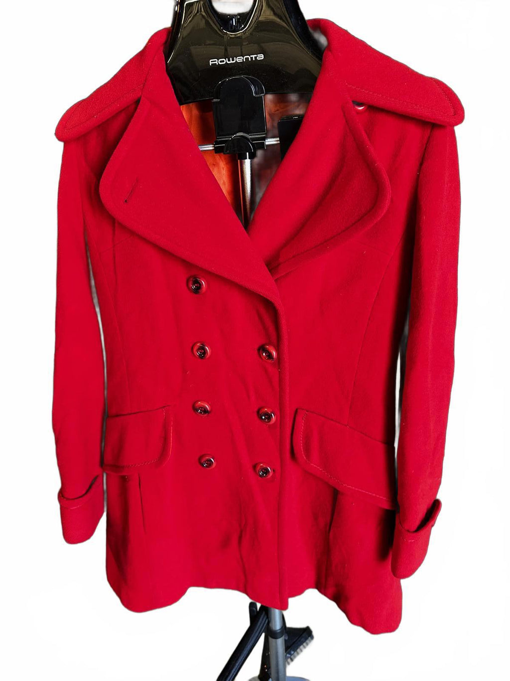 Vintage 1960s Red Wool Double-Breasted Coat w/ Orange Satin Lining Belted Back