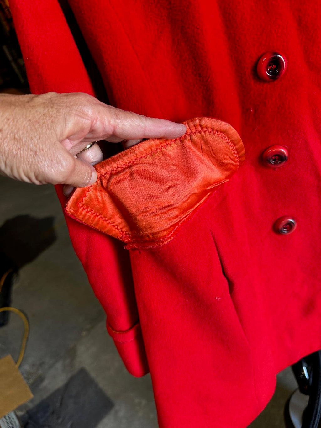 Vintage 1960s Red Wool Double-Breasted Coat w/ Orange Satin Lining Belted Back