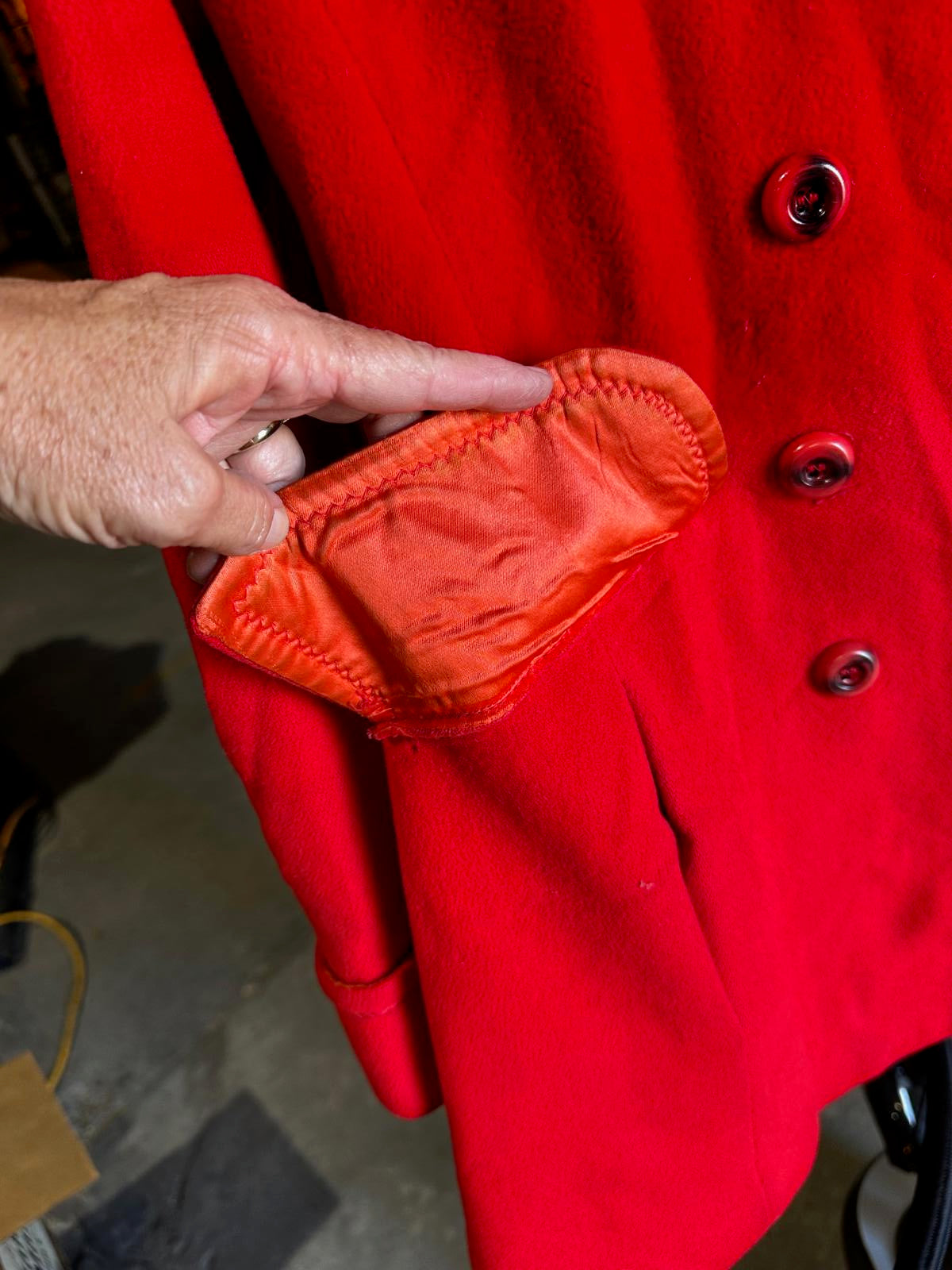 Vintage 1960s Red Wool Double-Breasted Coat w/ Orange Satin Lining Belted Back