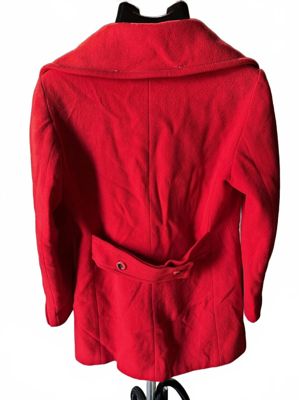 Vintage 1960s Red Wool Double-Breasted Coat w/ Orange Satin Lining Belted Back