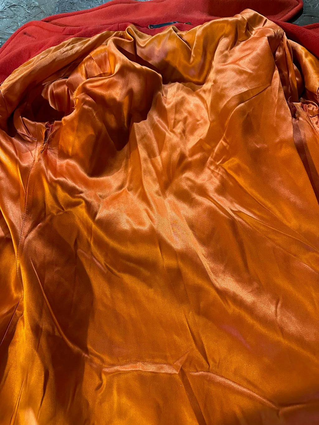 Vintage 1960s Red Wool Double-Breasted Coat w/ Orange Satin Lining Belted Back