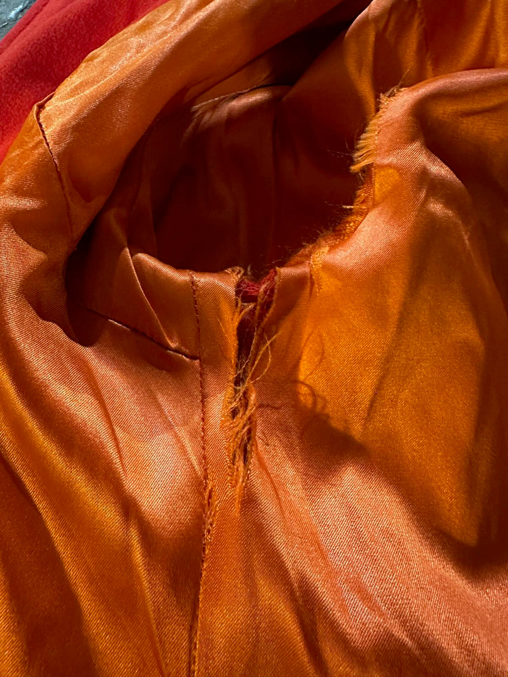 Vintage 1960s Red Wool Double-Breasted Coat w/ Orange Satin Lining Belted Back