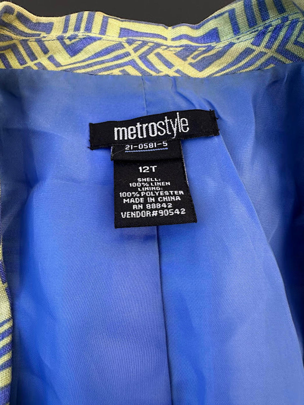 Metrostyle Linen Blazer Jacket Geometric 12T