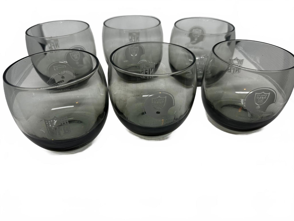 Vintage 70s NFL Oakland Raider Smoked Glass Lowball 10 Libbey Etched Logo