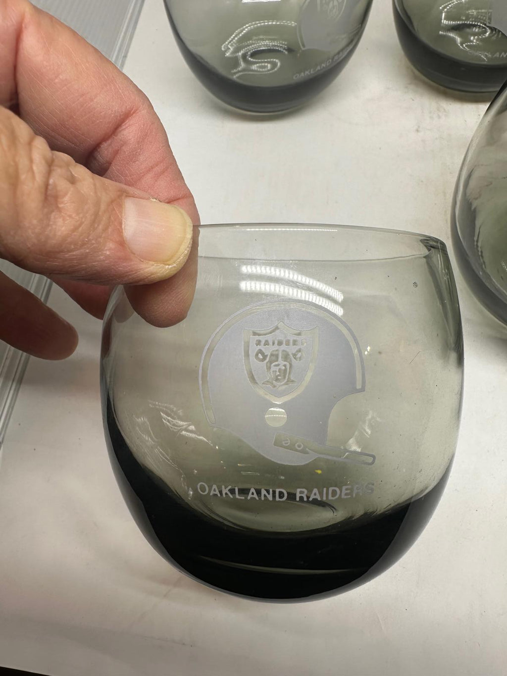 Vintage 70s NFL Oakland Raider Smoked Glass Lowball 10 Libbey Etched Logo