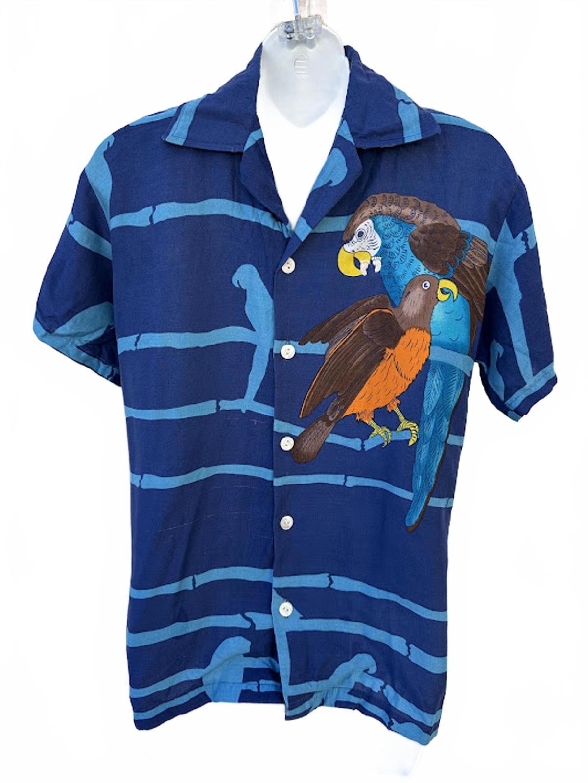 Hang Ten Parrot Hawaiian Shirt Blue Medium