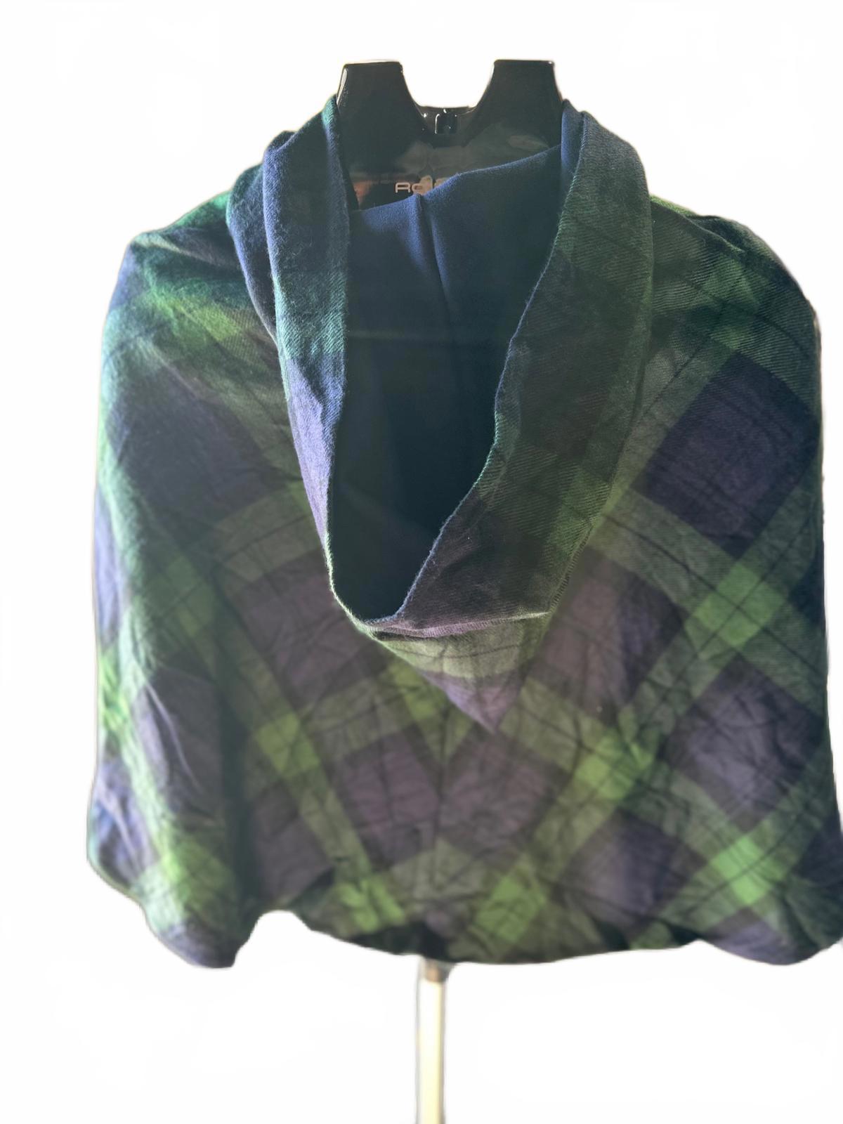 Vintage Black Watch Tartan Hooded Cape Wool Plaid Poncho Cloak Navy/Green Lined