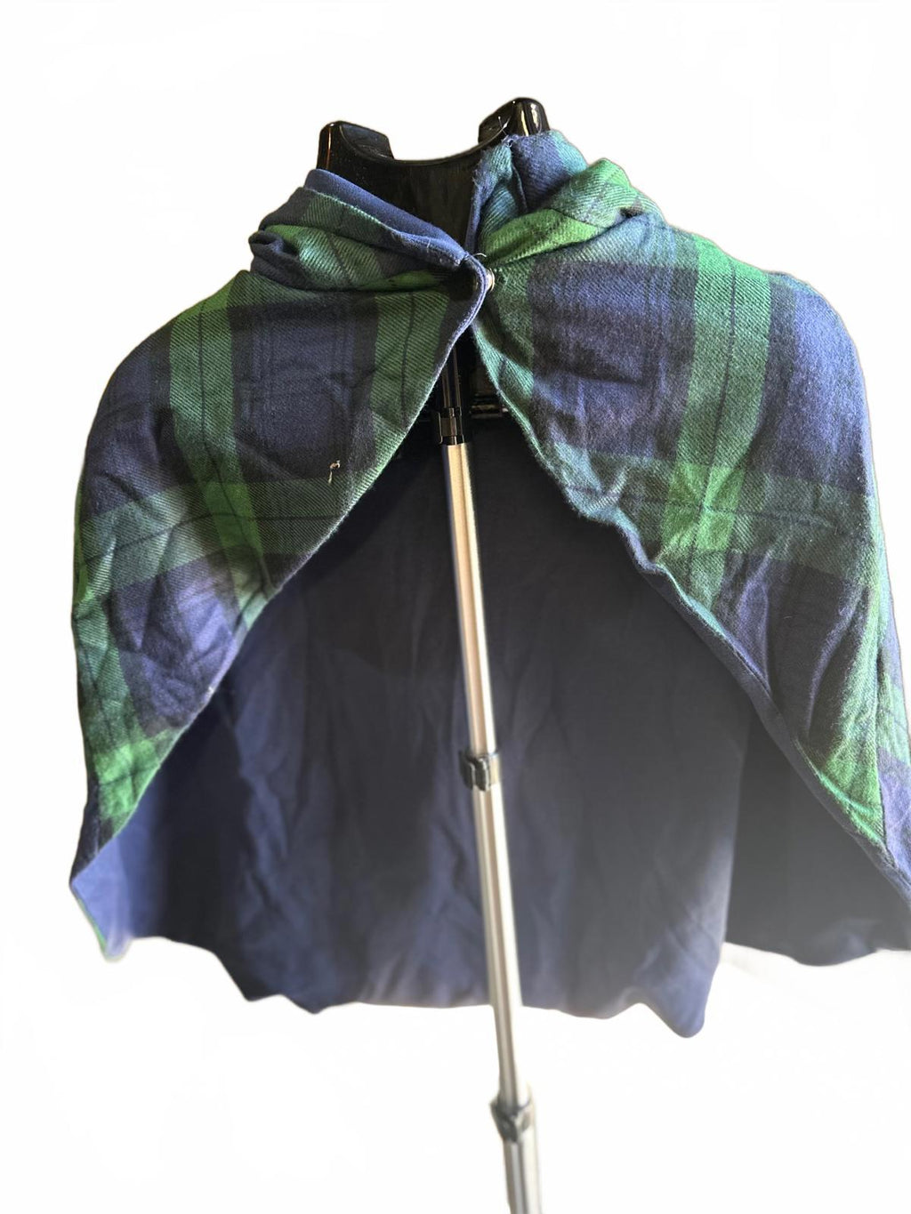 Vintage Black Watch Tartan Hooded Cape Wool Plaid Poncho Cloak Navy/Green Lined