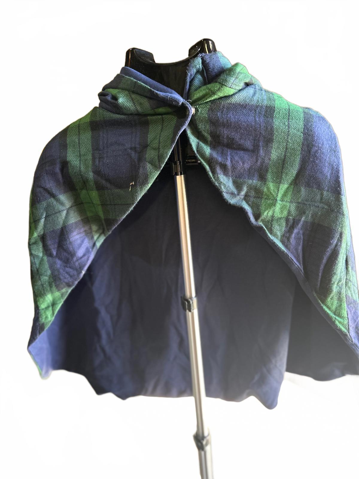 Vintage Black Watch Tartan Hooded Cape Wool Plaid Poncho Cloak Navy/Green Lined