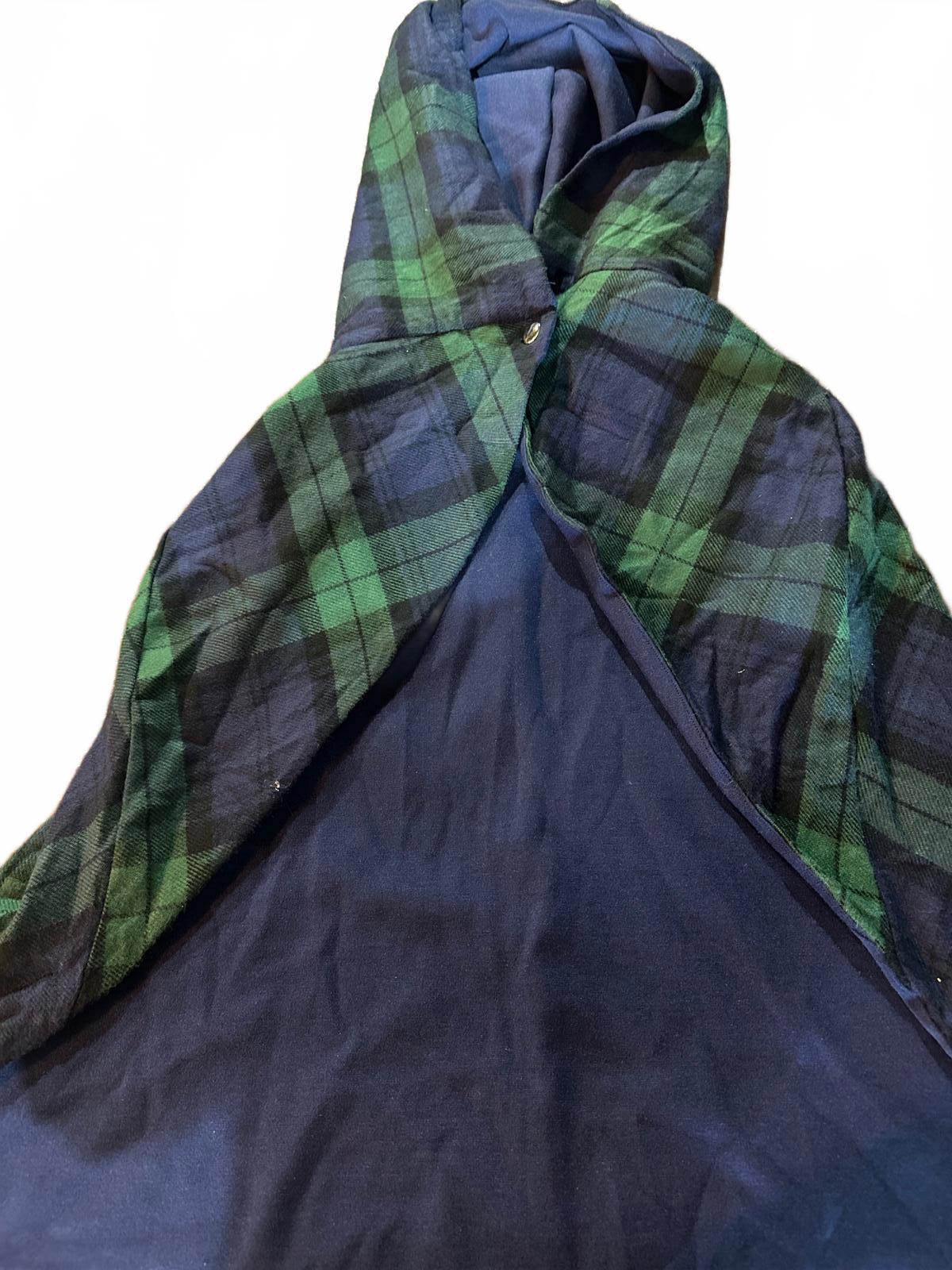 Vintage Black Watch Tartan Hooded Cape Wool Plaid Poncho Cloak Navy/Green Lined
