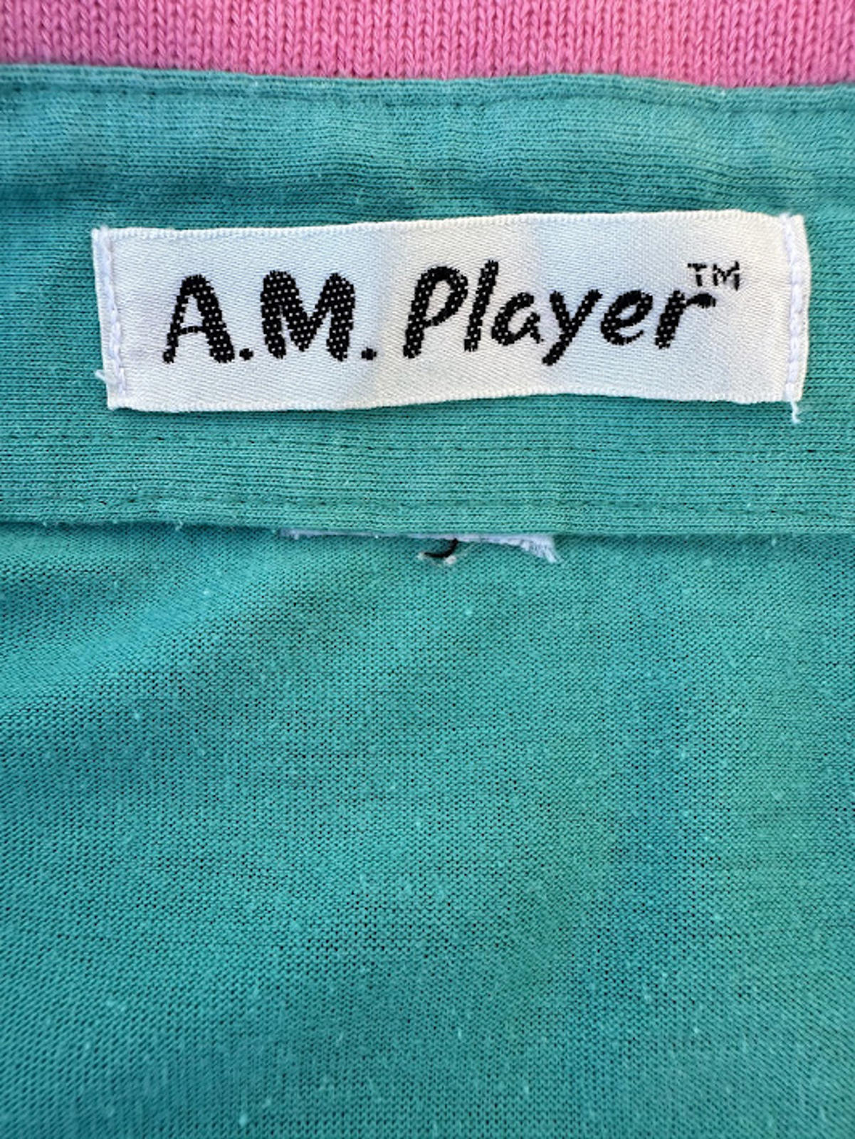 A.M. Player Teal Pink Stripe Polo Shirt M