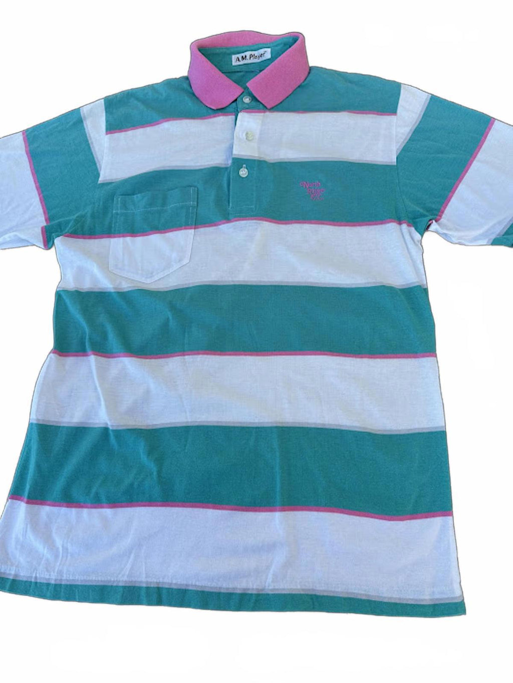A.M. Player Teal Pink Stripe Polo Shirt M