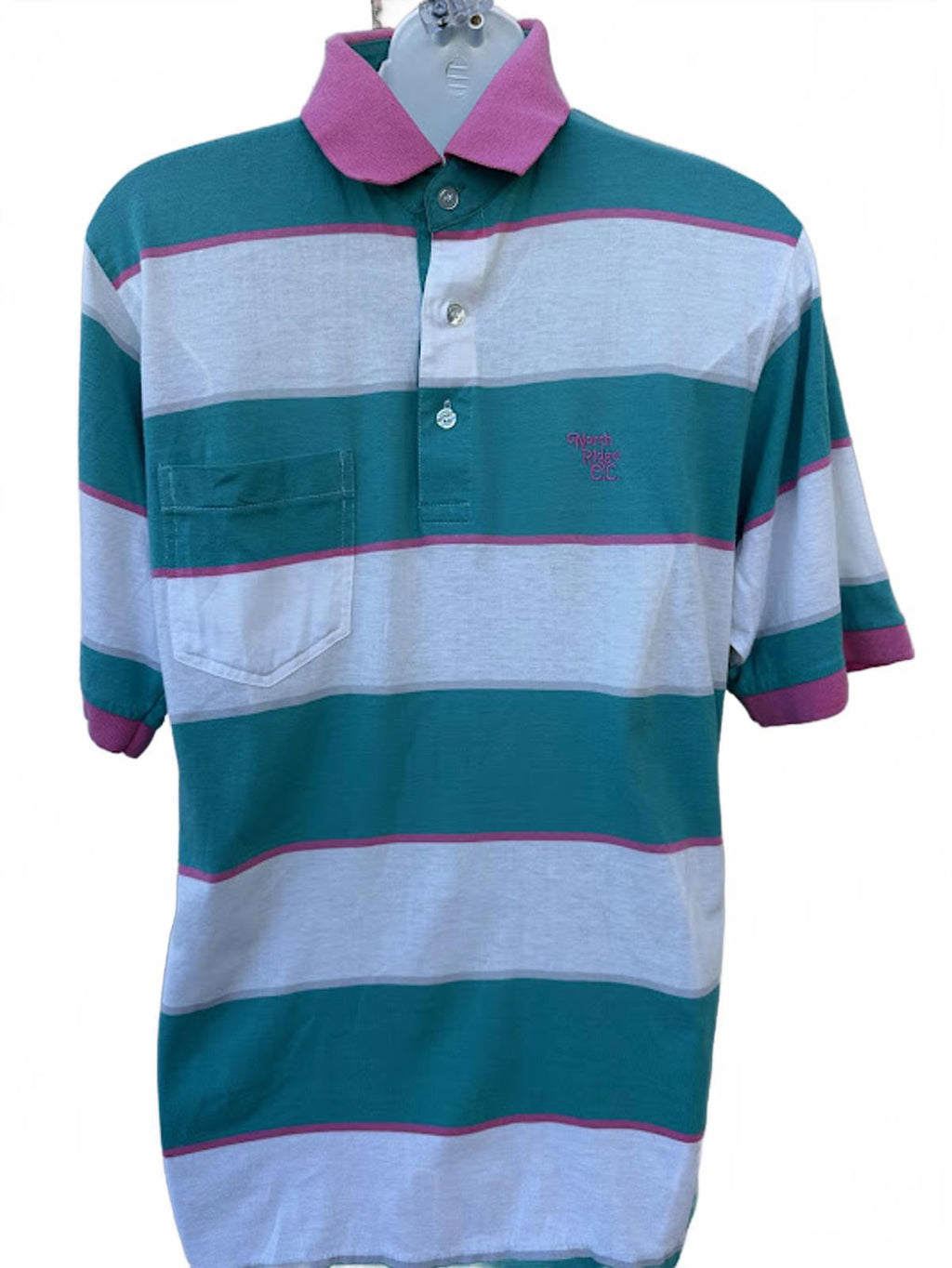 A.M. Player Teal Pink Stripe Polo Shirt M