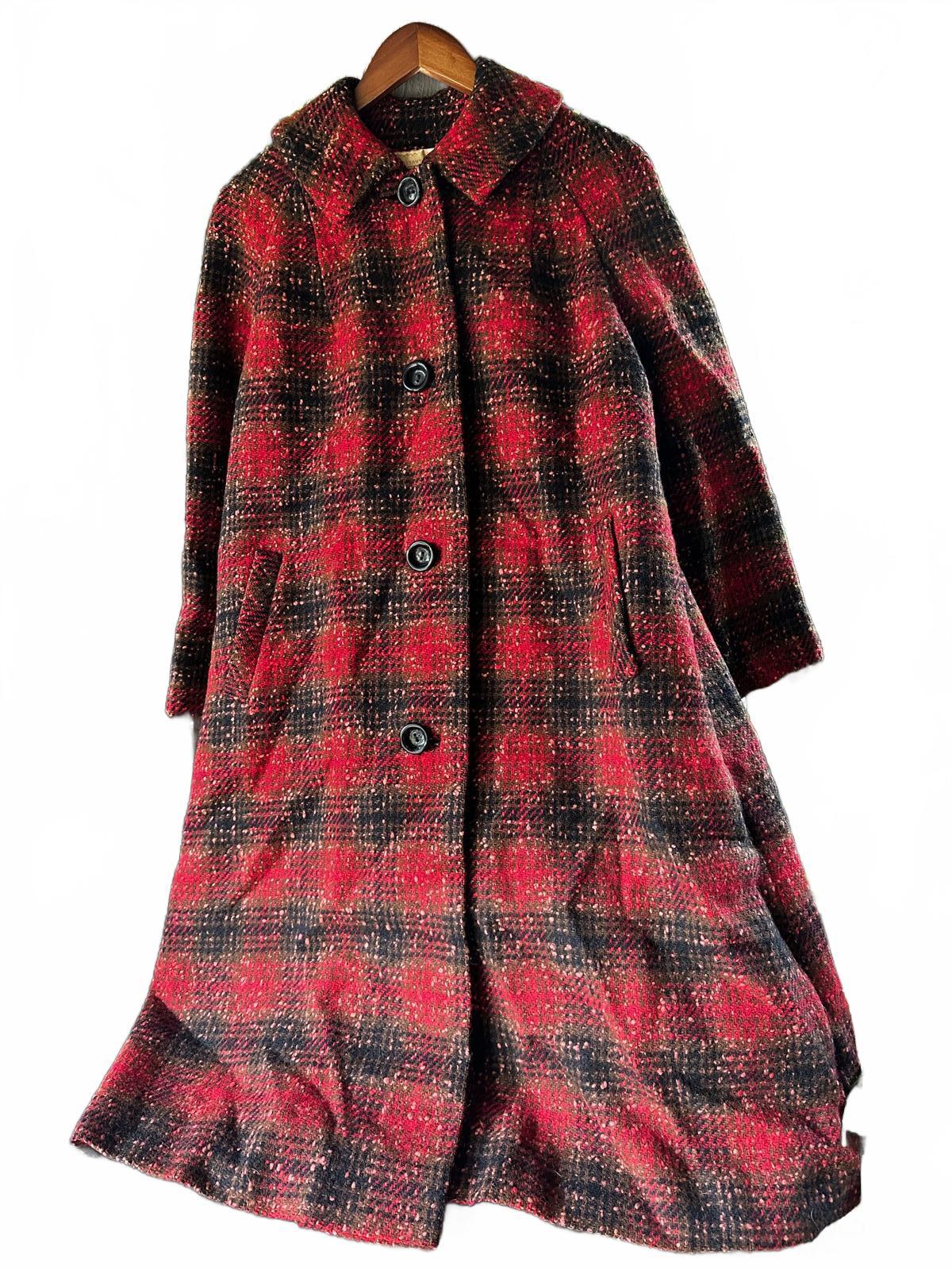 Vintage 50s Pendleton Red Plaid Wool Coat Medium Bouclé Long Winter Overcoat USA