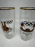 Pair of Vintage 1972 Munich Olympics Souvenir Glasses Gold Rim Highball Tumblers