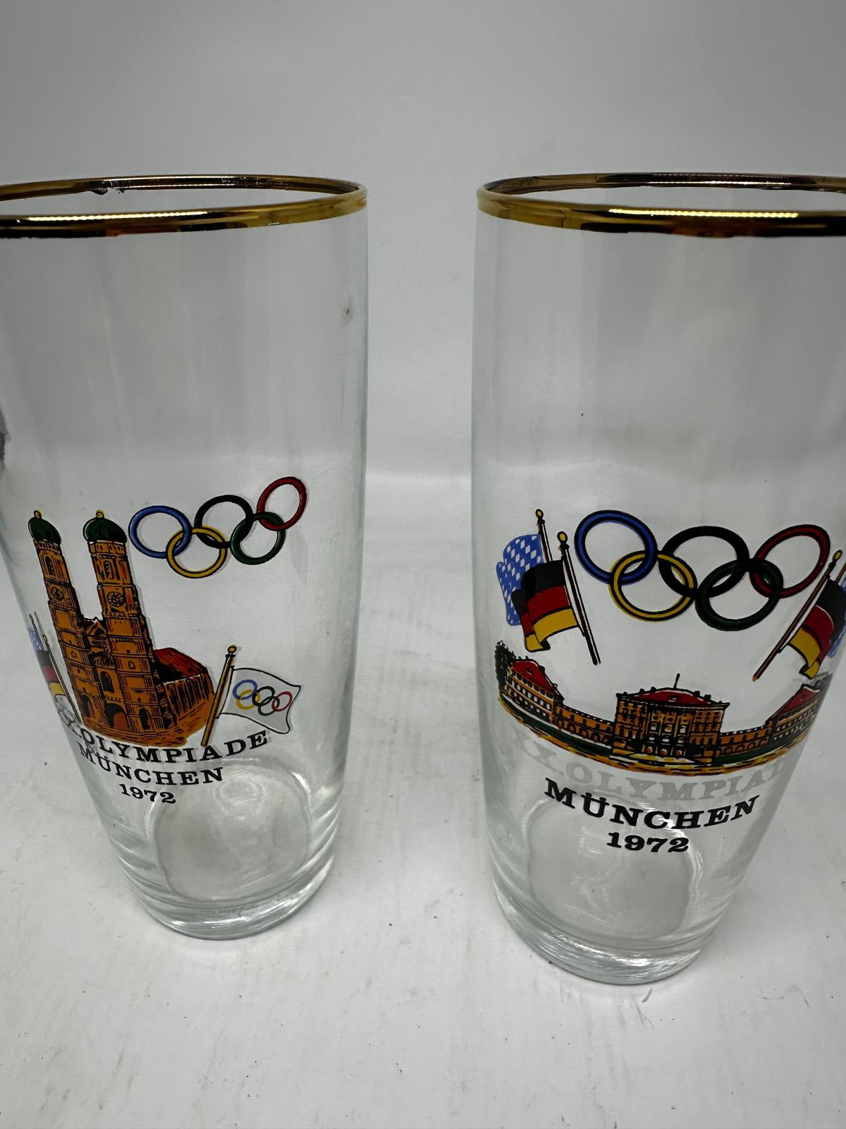 Pair of Vintage 1972 Munich Olympics Souvenir Glasses Gold Rim Highball Tumblers