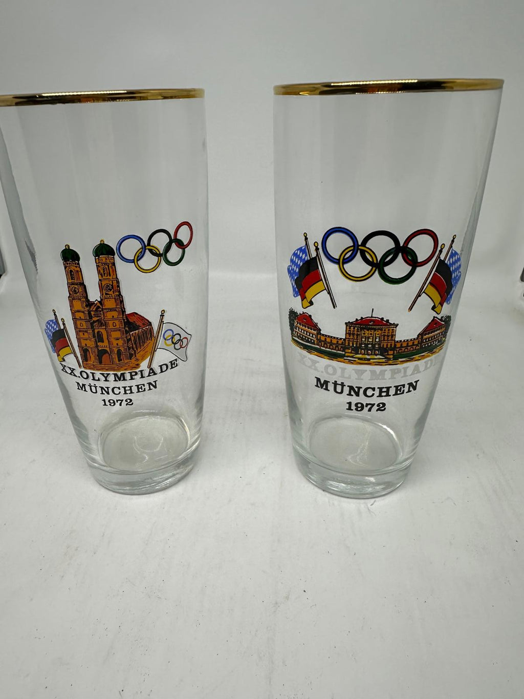 Pair of Vintage 1972 Munich Olympics Souvenir Glasses Gold Rim Highball Tumblers