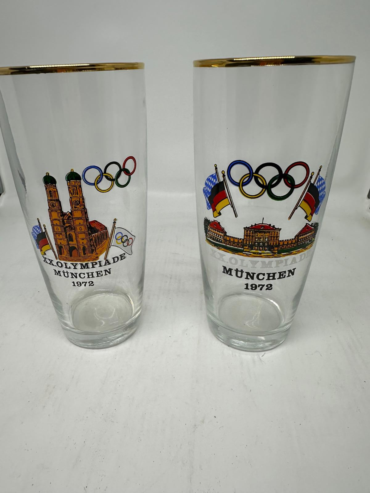Pair of Vintage 1972 Munich Olympics Souvenir Glasses Gold Rim Highball Tumblers
