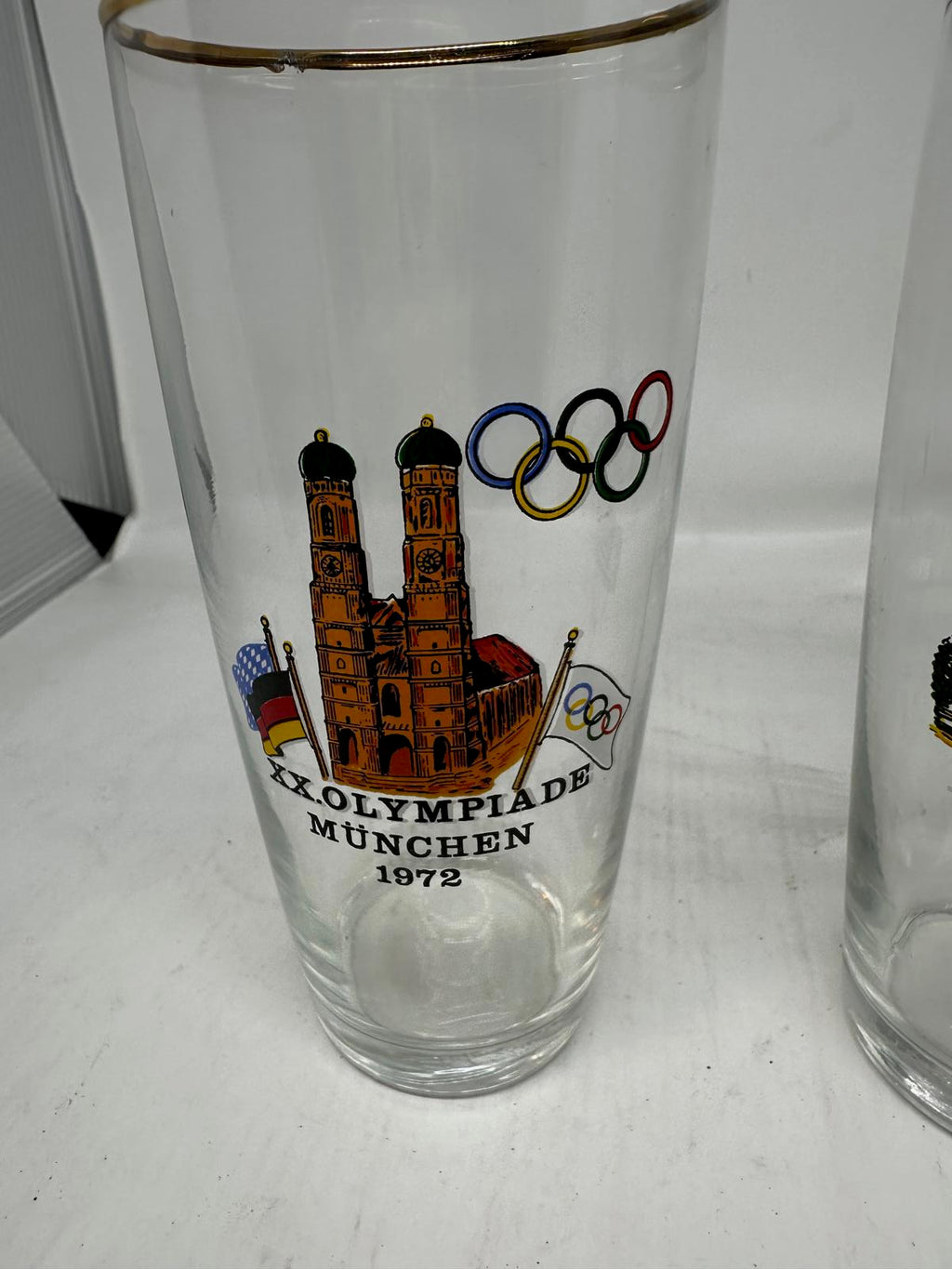 Pair of Vintage 1972 Munich Olympics Souvenir Glasses Gold Rim Highball Tumblers