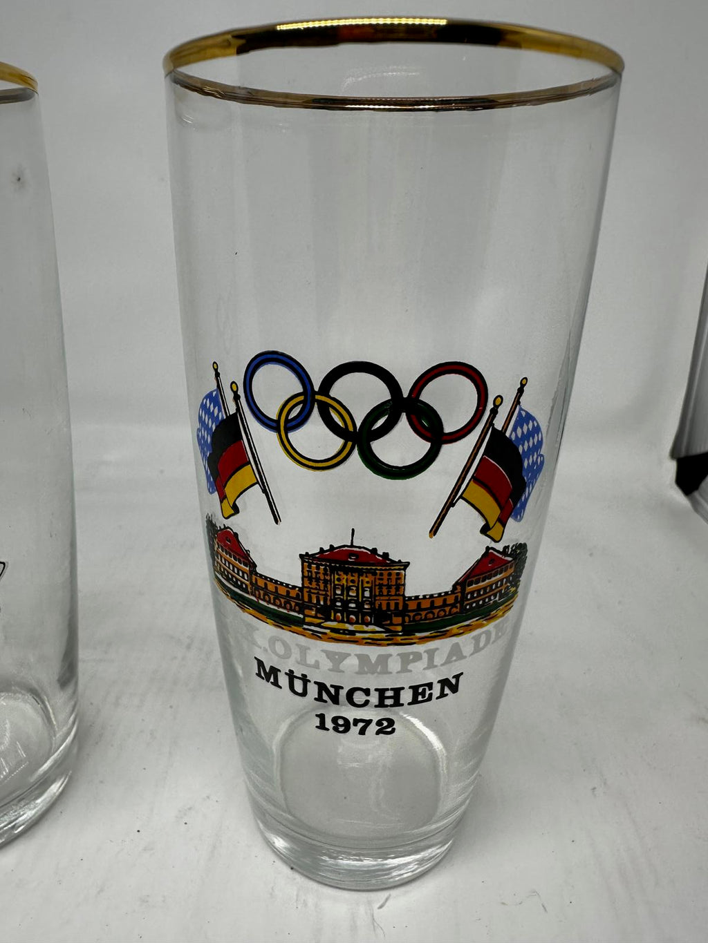 Pair of Vintage 1972 Munich Olympics Souvenir Glasses Gold Rim Highball Tumblers
