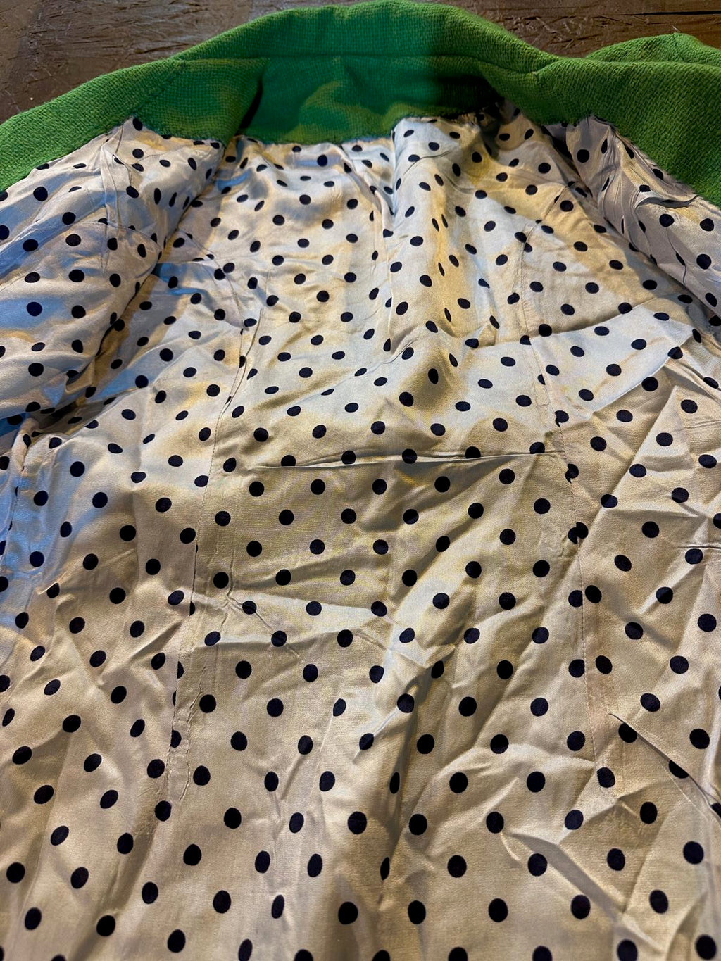 Vintage 1960s Kelly Green Wool-Blend Coat w/ Gold Buttons & Polka Dot Lining