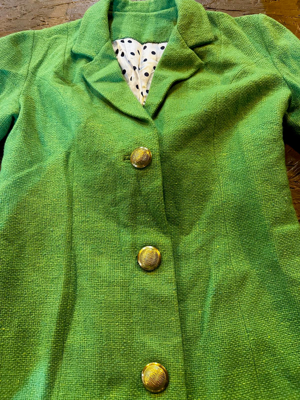 Vintage 1960s Kelly Green Wool-Blend Coat w/ Gold Buttons & Polka Dot Lining