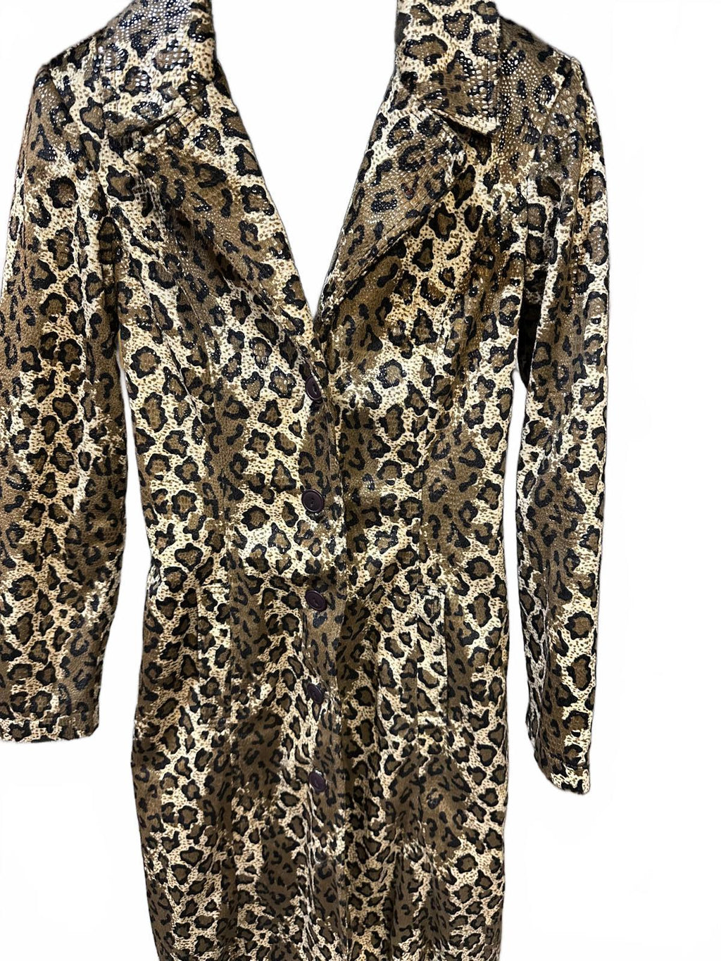 Vintage 80s Metallic Leopard Print Trench Coat | Made in USA Gold Animal Print
