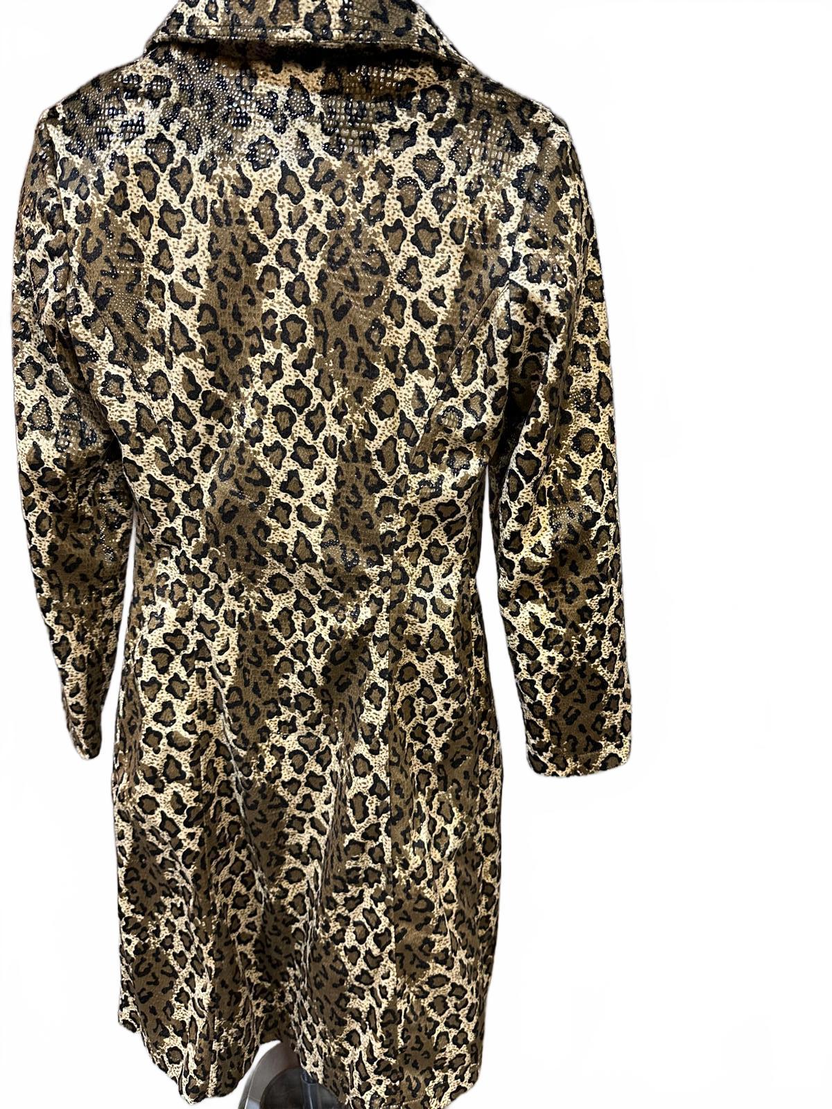 Vintage 80s Metallic Leopard Print Trench Coat | Made in USA Gold Animal Print