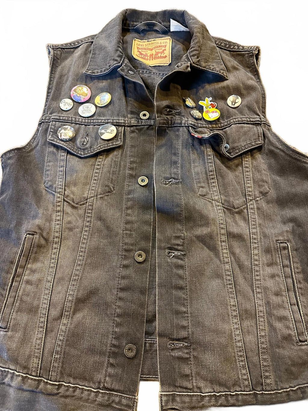 Custom Levi’s Black Denim Vest  Vintage Punk Buttons Medusa