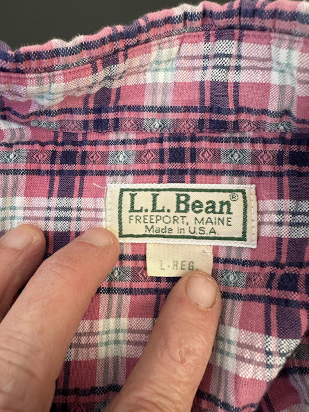 LL Bean Plaid Shirt Pink USA Made L Reg