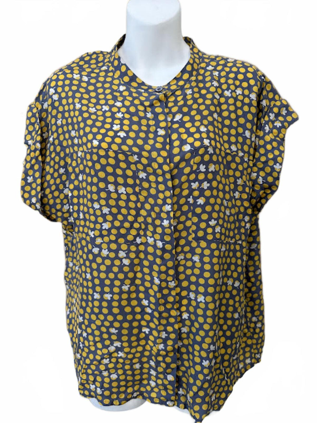 CAbi Silk Polka Dot Blouse Gray Yellow M