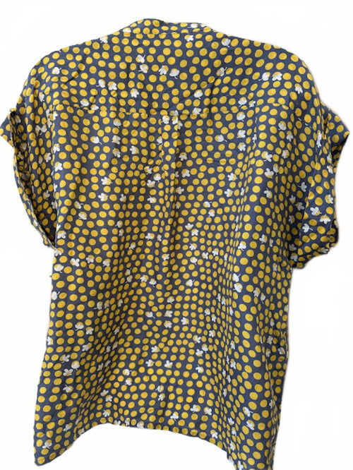 CAbi Silk Polka Dot Blouse Gray Yellow M