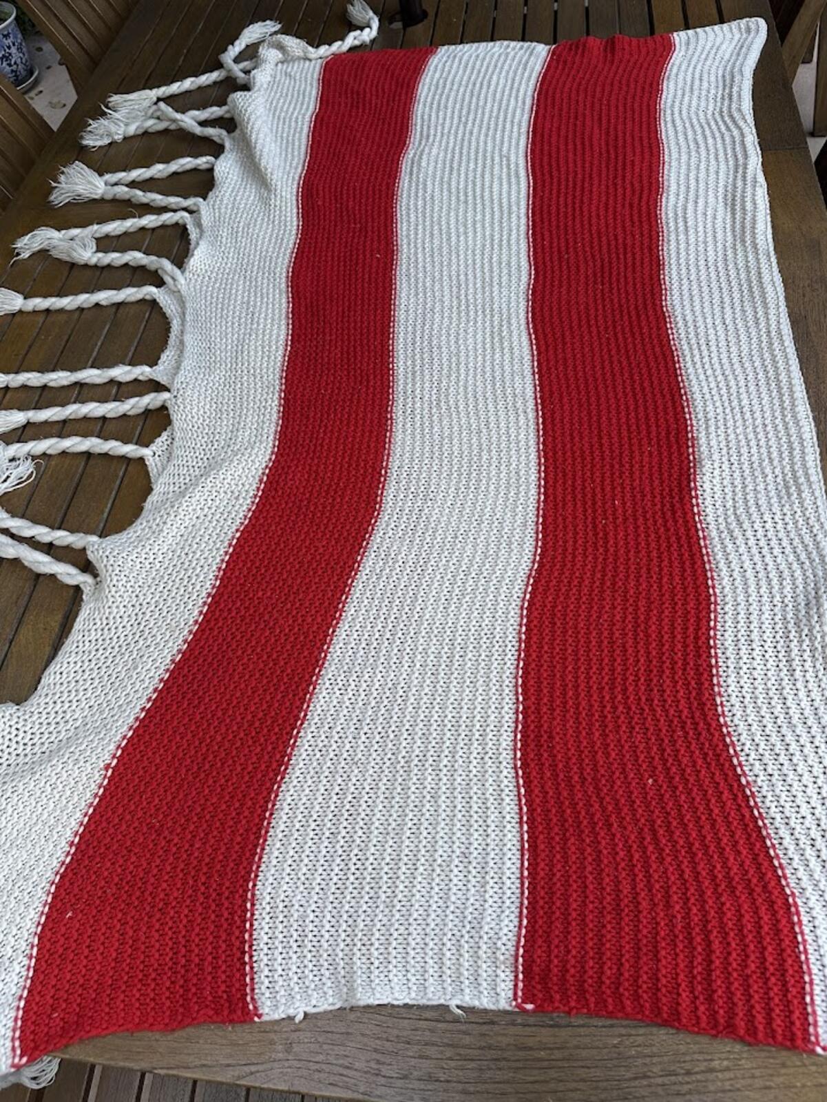 Vintage Crochet Throw Blanket Red White Fringe